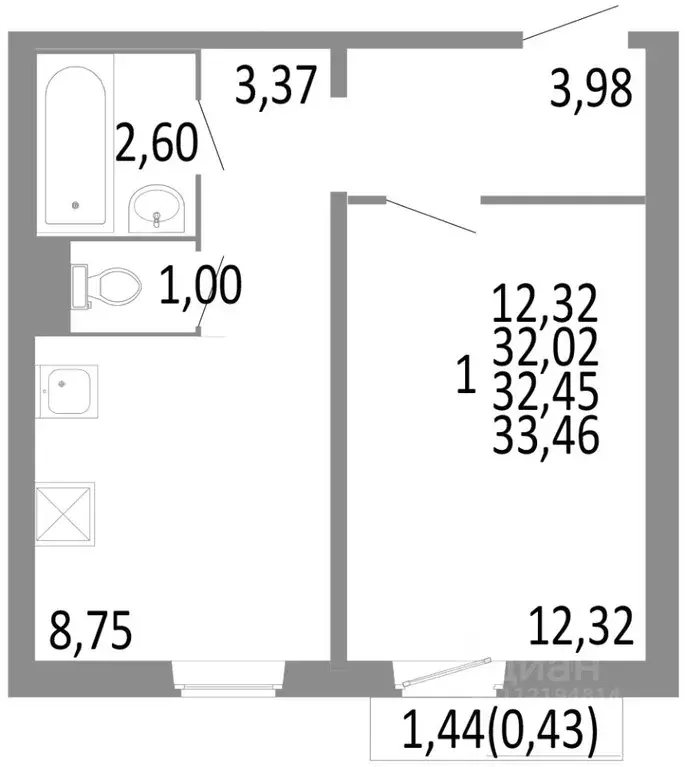 1-к кв. Челябинская область, Челябинск ул. Блюхера, 125Б (32.45 м) - Фото 0