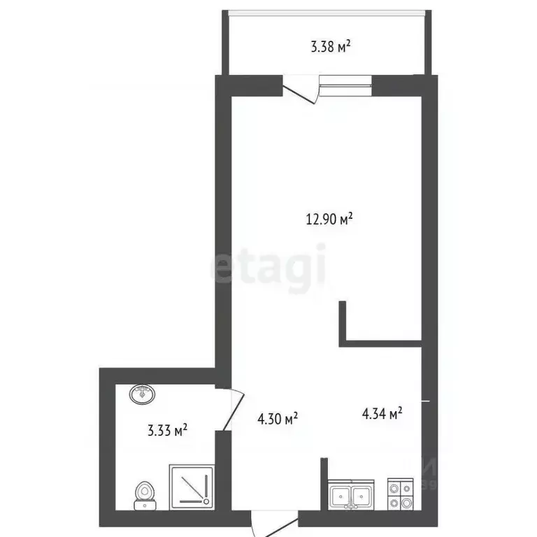 Студия Тюменская область, Тюмень Причальная ул., 7 (28.25 м) - Фото 2