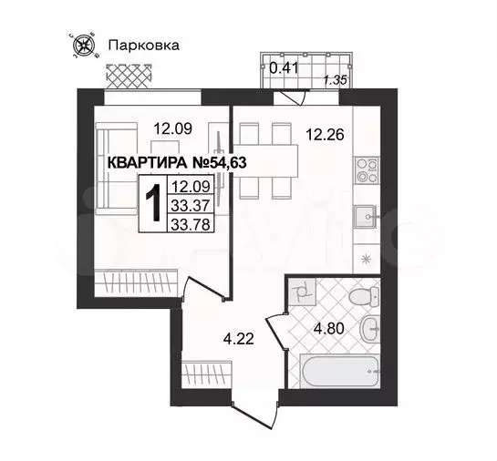 1-к. квартира, 33,8 м, 3/4 эт. - Фото 0