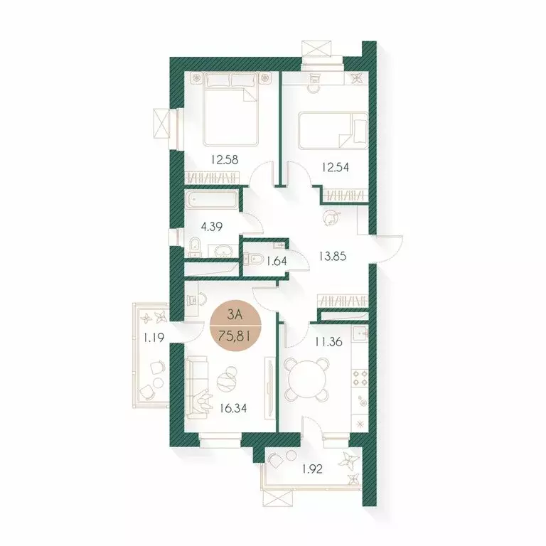 3-комнатная квартира: Казань, улица Родины, 20/4 (75.81 м) - Фото 1