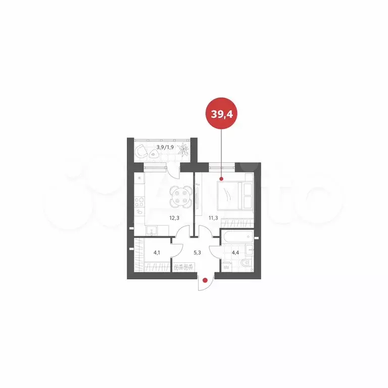 1-к. квартира, 39,4 м, 4/4 эт. - Фото 0