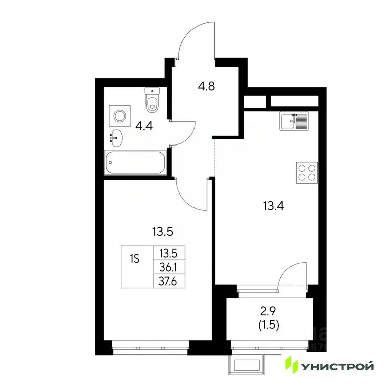 1-к кв. Свердловская область, Екатеринбург Вторчермет жилрайон,  (37.6 ... - Фото 1