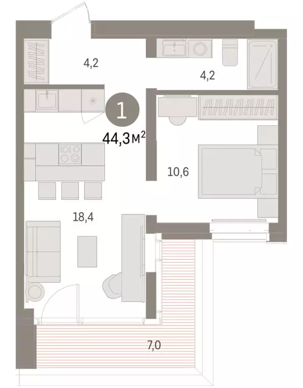 1-комнатная квартира: Тюмень, жилой комплекс На Минской (44.32 м) - Фото 1