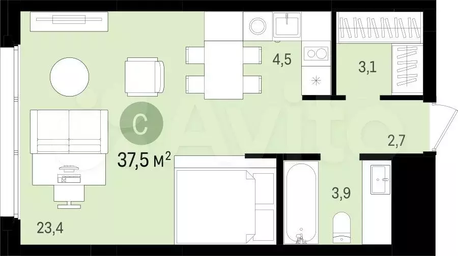 Квартира-студия, 37,5 м, 7/18 эт. - Фото 1