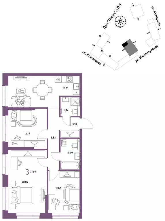 3-к квартира, 77.56 м - Фото 0