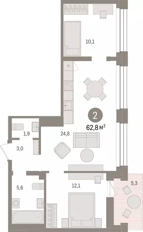 2-комнатная квартира: Тюмень, улица Муравленко, 9/2 (62.78 м) - Фото 1