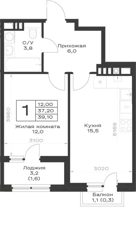 1-комнатная квартира: Гулькевичи, ЖК Экосфера (39.1 м) - Фото 1