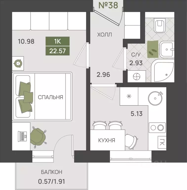 1-к кв. Калининградская область, Гурьевск  (22.57 м) - Фото 1