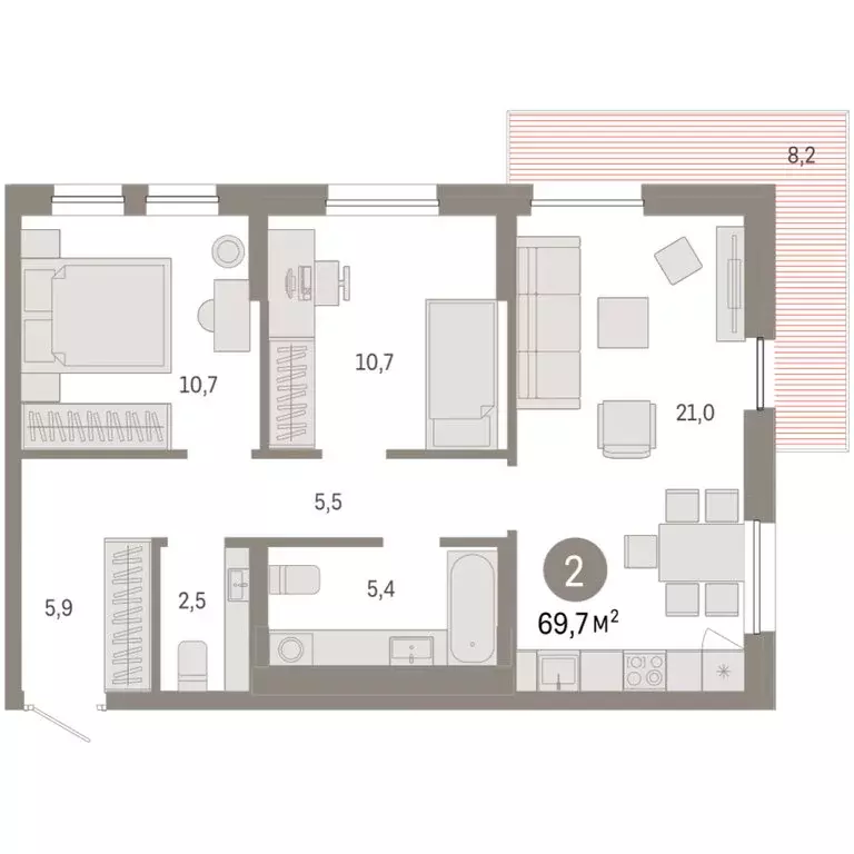 2-комнатная квартира: Тюмень, улица Республики, 205к1 (69.69 м) - Фото 2