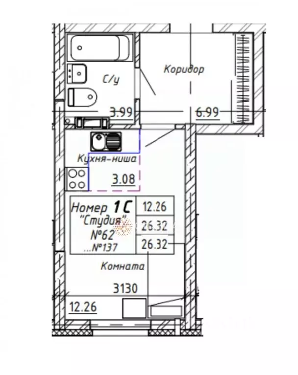 Студия Новосибирская область, Новосибирск Автогенная ул., 75 (26.32 м) - Фото 2
