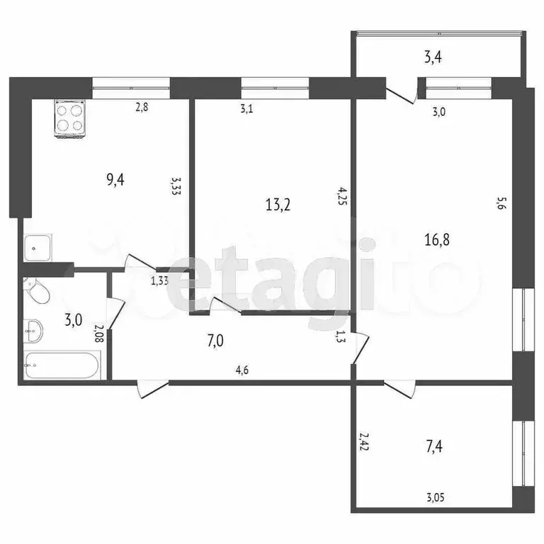 3-к. квартира, 58,1 м, 4/9 эт. - Фото 0