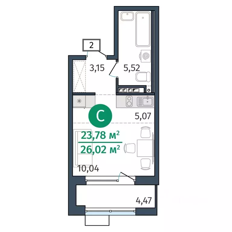 Студия Тюменская область, Тюмень ул. Тимофея Кармацкого, 17 (23.78 м) - Фото 0