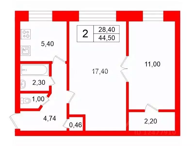 2-к кв. Санкт-Петербург Кубинская ул., 50 (44.5 м) - Фото 2