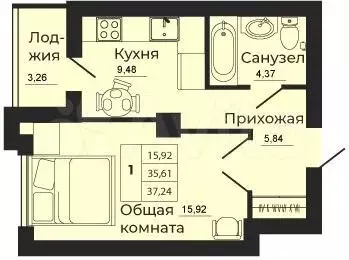 1-к. квартира, 37,2м, 2/24эт. - Фото 1