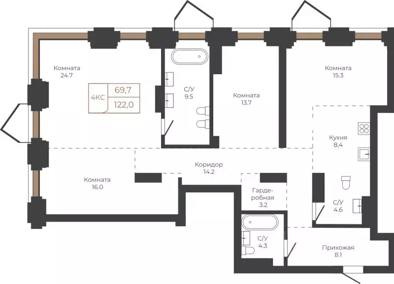 4-к кв. Алтайский край, Барнаул пл. Баварина, 8к2 (122.3 м) - Фото 1