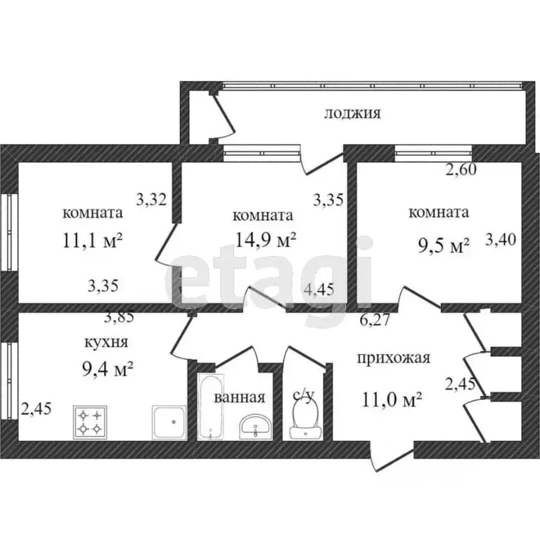 3-к кв. Белгородская область, Белгород ул. Конева, 17 (90.9 м) - Фото 2
