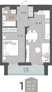 1-к. квартира, 38,5 м, 8/9 эт. - Фото 1