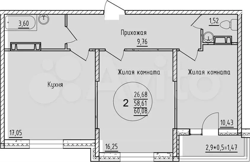 2-к. квартира, 60,1 м, 15/19 эт. - Фото 1