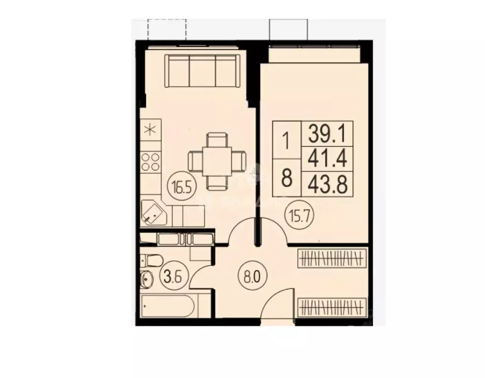 Квартира, 1 комната, 43.8 м - Фото 1