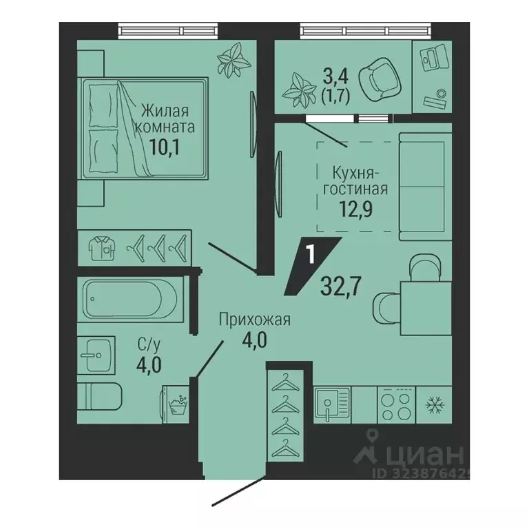 1-к кв. Свердловская область, Екатеринбург Вторчермет жилрайон,  (32.7 ... - Фото 2
