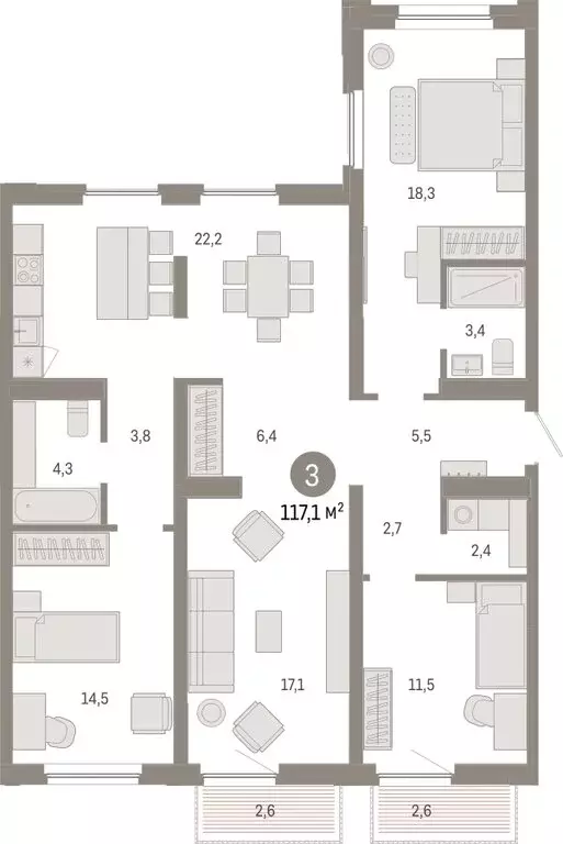 3-комнатная квартира: Тюмень, Мысовская улица, 26к2 (117.08 м) - Фото 1