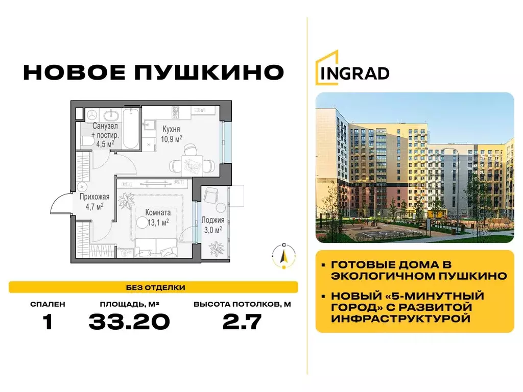 1-к кв. Московская область, Пушкино ул. Антона Ветчинова, 3к1 (33.2 м) - Фото 1