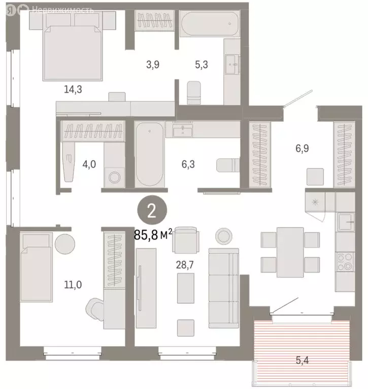 2-комнатная квартира: Тюмень, жилой комплекс На Минской (85.79 м) - Фото 1