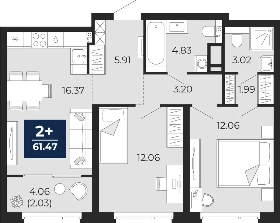 2-комнатная квартира: Тюмень, Арктическая улица, 2 (59.44 м) - Фото 0