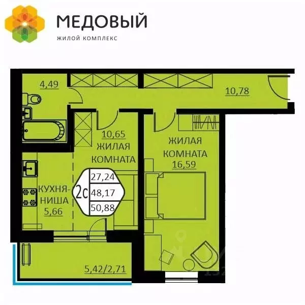 2-к кв. Пермский край, д. Кондратово ул. Г.Н. Нифантова, 12 (50.88 м) - Фото 0
