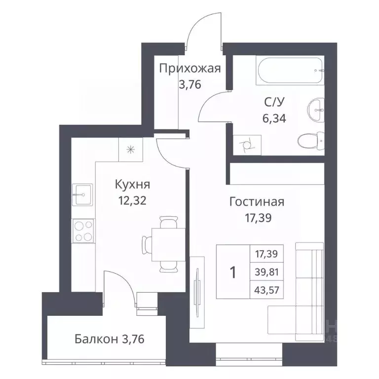 1-к кв. Новосибирская область, Новосибирск Игарская ул., 40/2 (39.81 ... - Фото 0