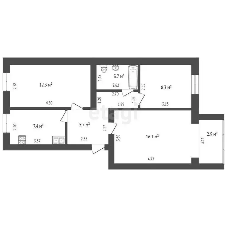 3-комнатная квартира: Ишим, Деповская улица, 222 (56 м) - Фото 1