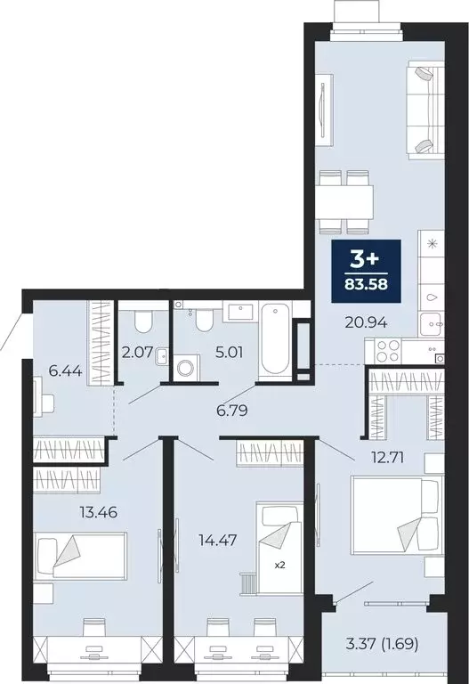 3-комнатная квартира: Тюмень, Арктическая улица, 14 (83.58 м) - Фото 0