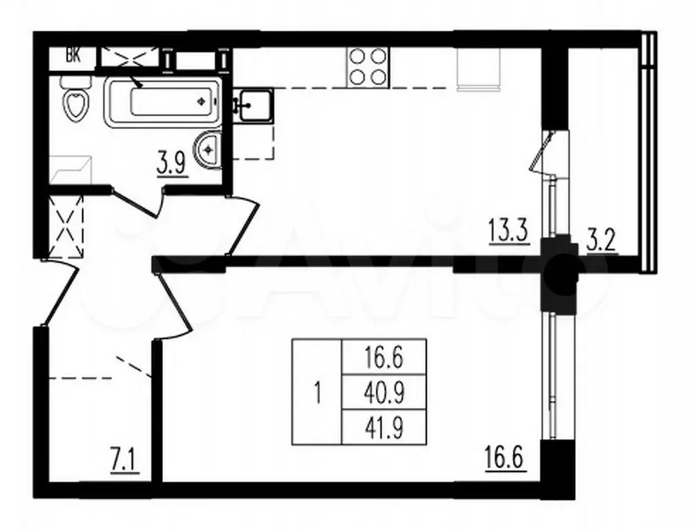 1-к. квартира, 41,8 м, 9/9 эт. - Фото 0