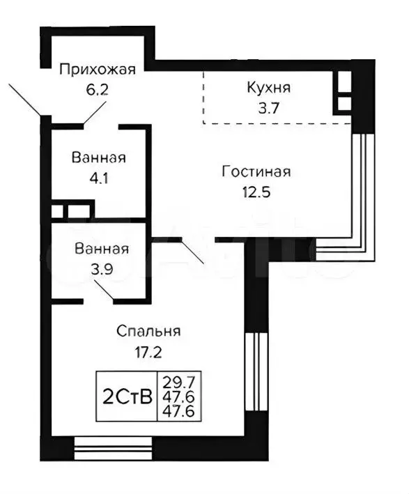 2-к. квартира, 47,6 м, 6/23 эт. - Фото 0