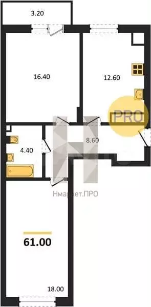 2-к. квартира, 61 м, 6/8 эт. - Фото 1