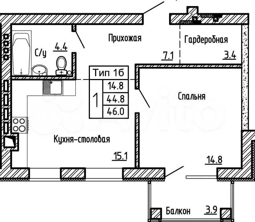 1-к. квартира, 46 м, 4/4 эт. - Фото 0