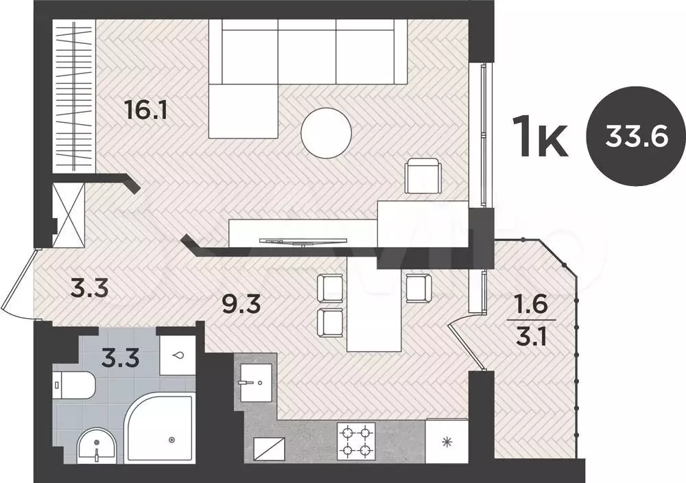 1-к. квартира, 33,6 м, 7/9 эт. - Фото 1