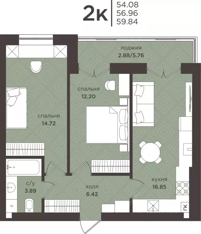 2-к кв. Калининградская область, Гурьевск  (56.96 м) - Фото 1