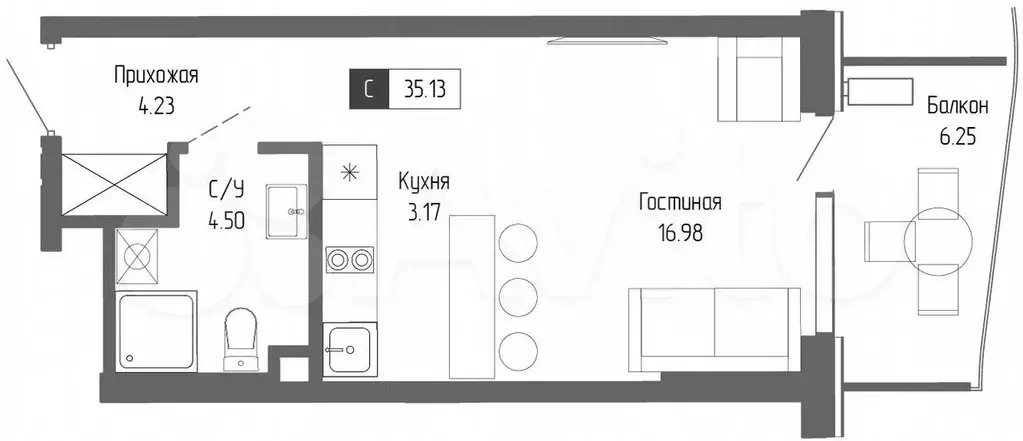 Апартаменты-студия, 35,1 м, 3/20 эт. - Фото 0
