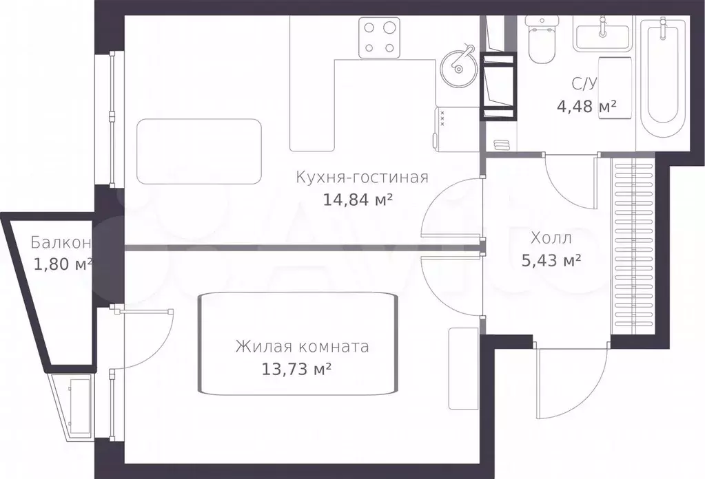1-к. квартира, 39 м, 5/11 эт. - Фото 1