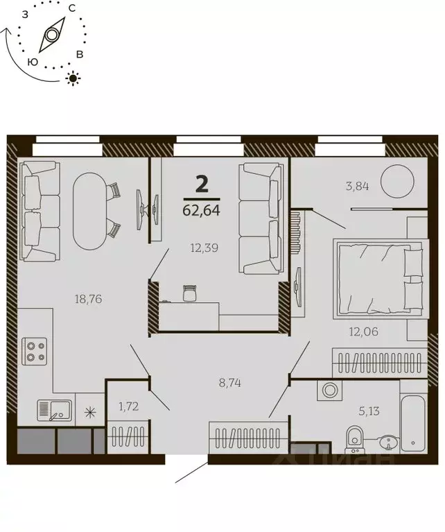 2-к кв. Рязанская область, Рязань ул. Есенина (62.64 м) - Фото 0