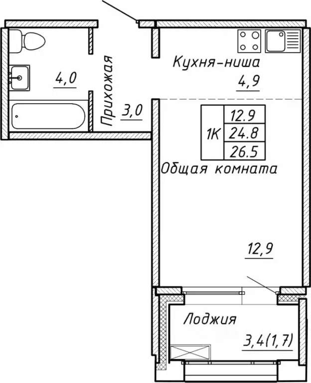 Свободной планировки кв. Новосибирская область, Новосибирск  (26.5 м) - Фото 0