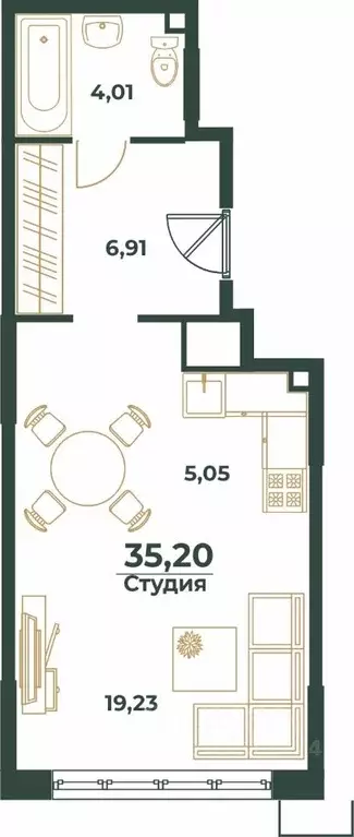 Студия Хабаровский край, Хабаровск Южный мкр, ул. Малиновского (35.2 ... - Фото 0