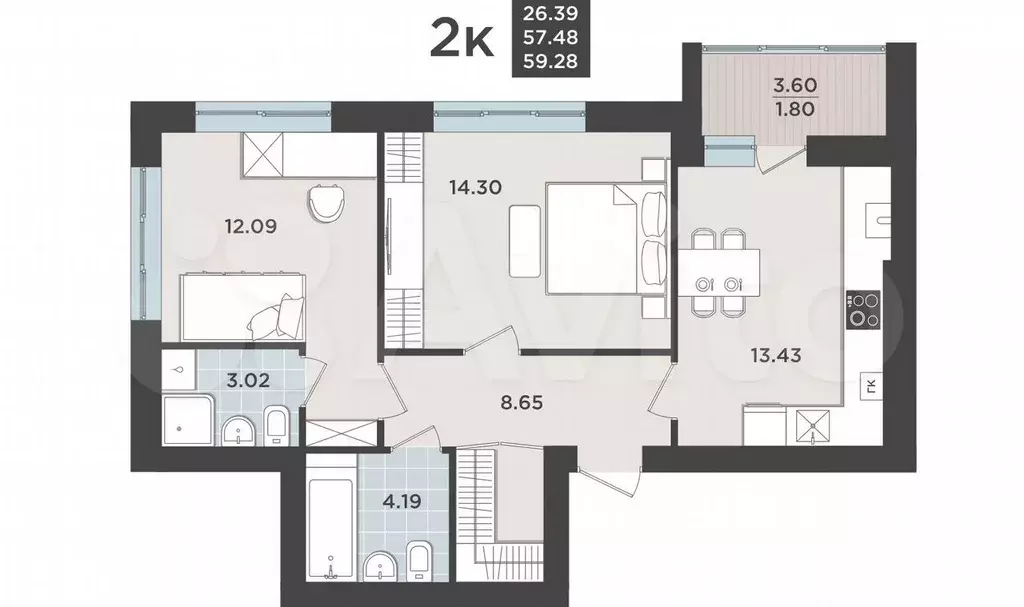 2-к. квартира, 57,5 м, 5/9 эт. - Фото 1