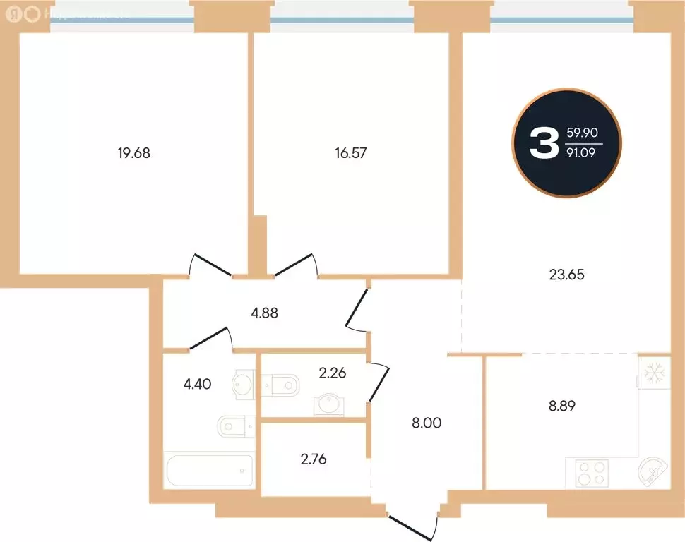 3-комнатная квартира: Уфа, улица Рихарда Зорге, 73/1 (91.2 м) - Фото 0