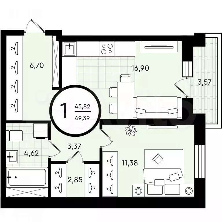 1-к. квартира, 49,4 м, 4/4 эт. - Фото 0