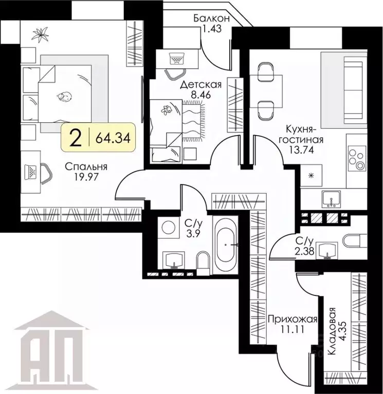 2-к кв. Тверская область, Тверь ул. Коминтерна, 95К (64.5 м) - Фото 1