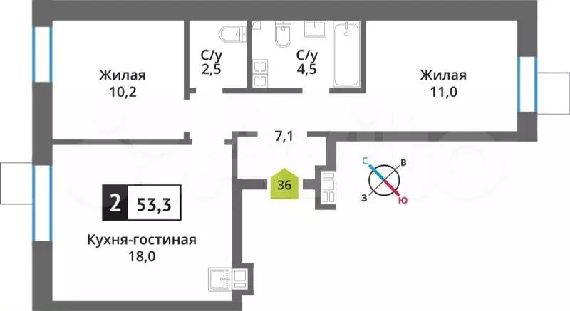 2-к. квартира, 53,3 м, 6/9 эт. - Фото 0