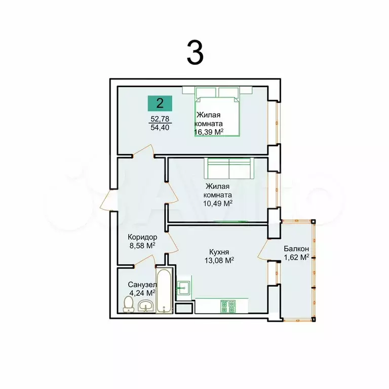 2-к. квартира, 54,4 м, 8/9 эт. - Фото 0