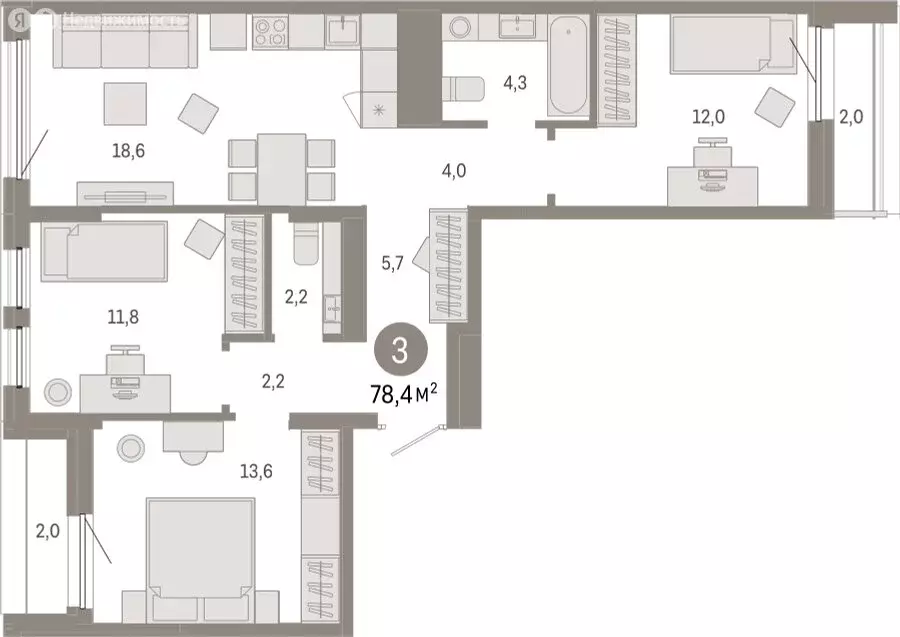 3-комнатная квартира: Тюмень, улица Республики, 205к1 (78.41 м) - Фото 2